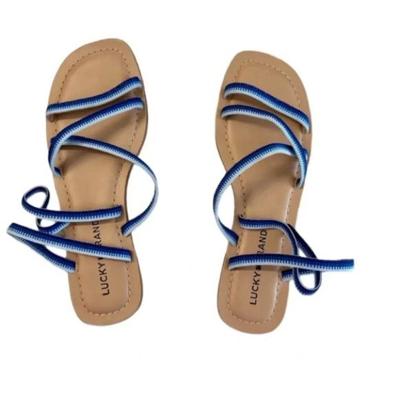 Lucky Brand Women’s Bizell Blue Striped Strappy Padded Sandal Size 7.5 GUC - Picture 1 of 7